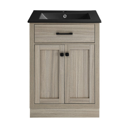 Swiss Madison, Burdon 24 in. Brown Oak Bathroom Vanity With Black Ceramic Sink Top