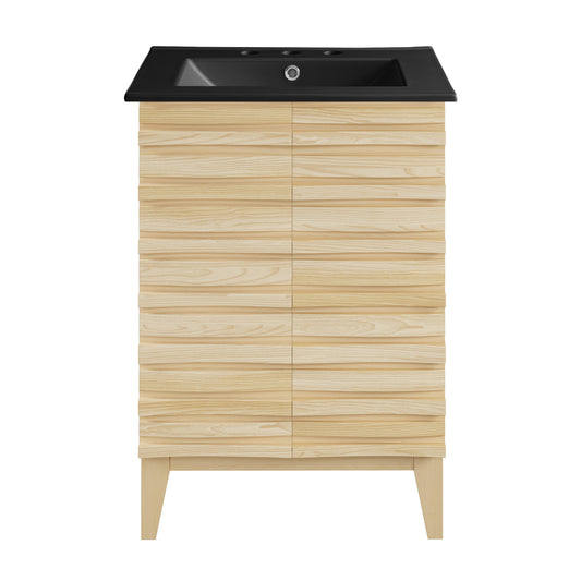 Swiss Madison, Cascade 24 in. Natural Oak Bathroom Vanity With Black, 3-Hole Ceramic Sink Top