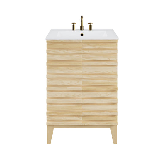 Swiss Madison, Cascade 24 in. Natural Oak Bathroom Vanity With White, 3-Hole Ceramic Sink Top