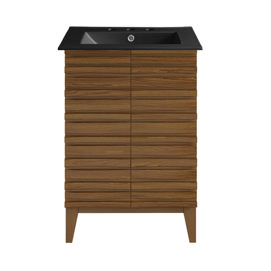 Swiss Madison, Cascade 24 in. Brown Oak Bathroom Vanity With Black, 3-Hole Ceramic Sink Top