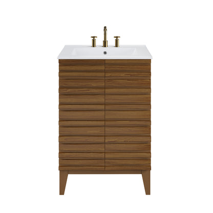 Swiss Madison, Cascade 24 in. Brown Oak Bathroom Vanity With White, 3-Hole Ceramic Sink Top