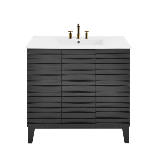 Swiss Madison, Cascade 36 in. Black Oak Bathroom Vanity With White, 3-Hole Ceramic Sink Top
