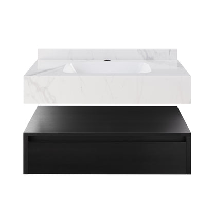 Swiss Madison, Avancer 36" Wall-Mounted Bathroom Vanity in Black Oak with White Marble Sink Top
