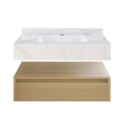 Swiss Madison, Avancer 36" Wall-Mounted Bathroom Vanity in Natural Oak with White Marble Sink Top