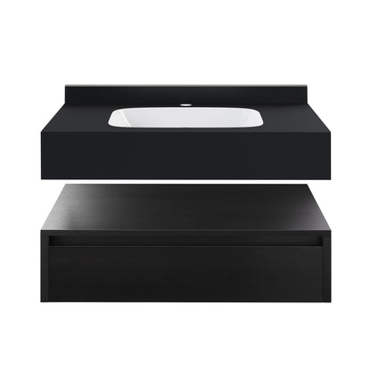 Swiss Madison, Avancer 36" Wall-Mounted Bathroom Vanity in Black Oak with Black Marble Sink Top