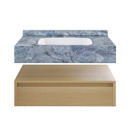 Swiss Madison, Avancer 36" Wall-Mounted Bathroom Vanity in Natural Oak with Blue Celeste Sink Top