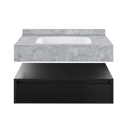 Swiss Madison, Avancer 36" Wall-Mounted Bathroom Vanity in Black Oak with Storm Grey Sink Top