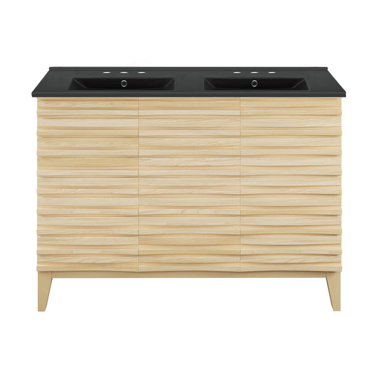 Swiss Madison, Cascade 48 in. Natural Oak, Double Basin Bathroom Vanity With Black, 3-Hole Ceramic Sink Top