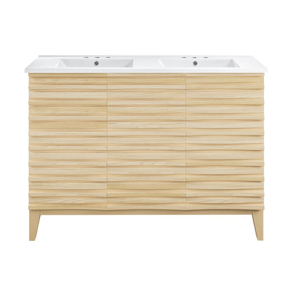 Swiss Madison, Cascade 48 in. Natural Oak, Double Basin Bathroom Vanity With White, 3-Hole Ceramic Sink Top