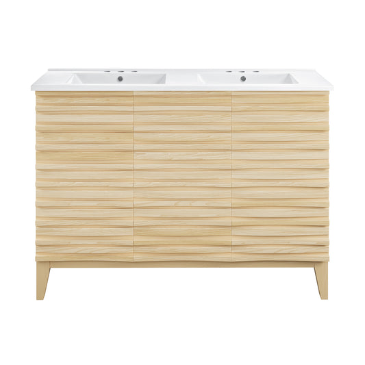 Swiss Madison, Cascade 48 in. Natural Oak, Double Basin Bathroom Vanity With White, 3-Hole Ceramic Sink Top