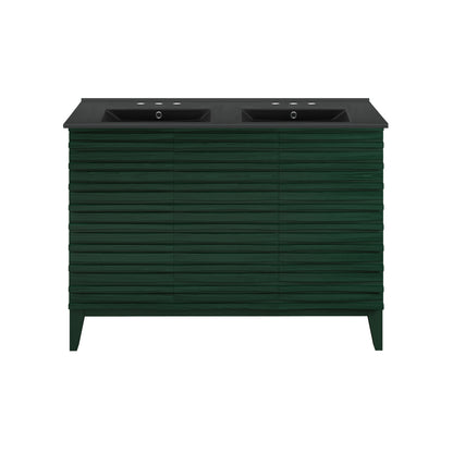 Swiss Madison, Cascade 48" Freestanding Bathroom Vanity in Green Oak with Black 3-Hole Widespread Double Basin Sink Top