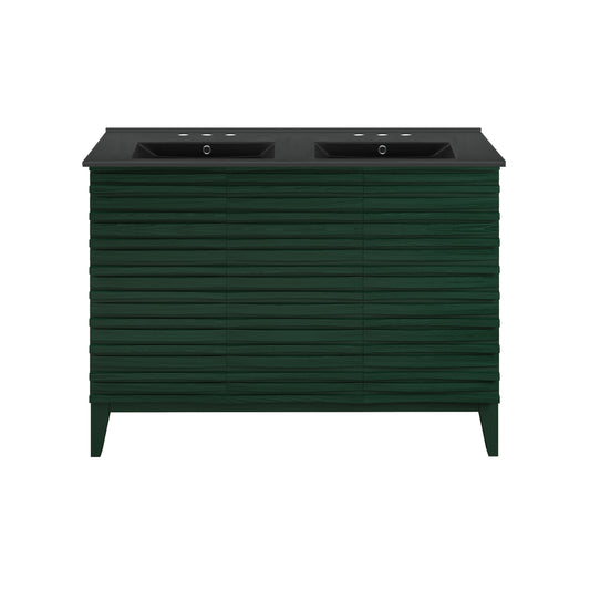 Swiss Madison, Cascade 48" Freestanding Bathroom Vanity in Green Oak with Black 3-Hole Widespread Double Basin Sink Top
