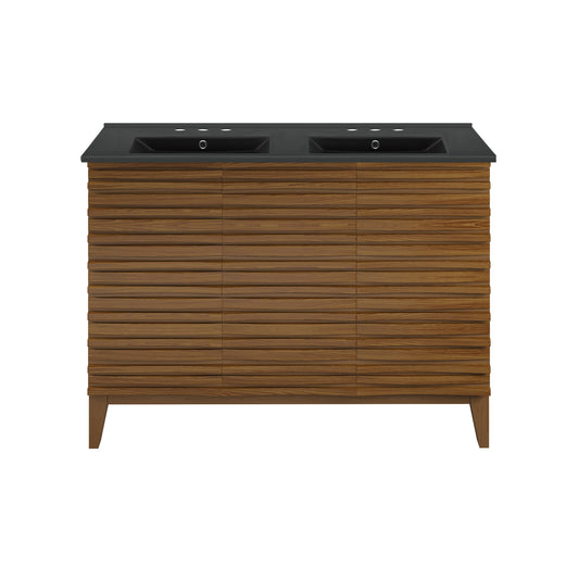 Swiss Madison, Cascade 48 in. Brown Oak, Double Basin Bathroom Vanity With Black, 3-Hole Ceramic Sink Top