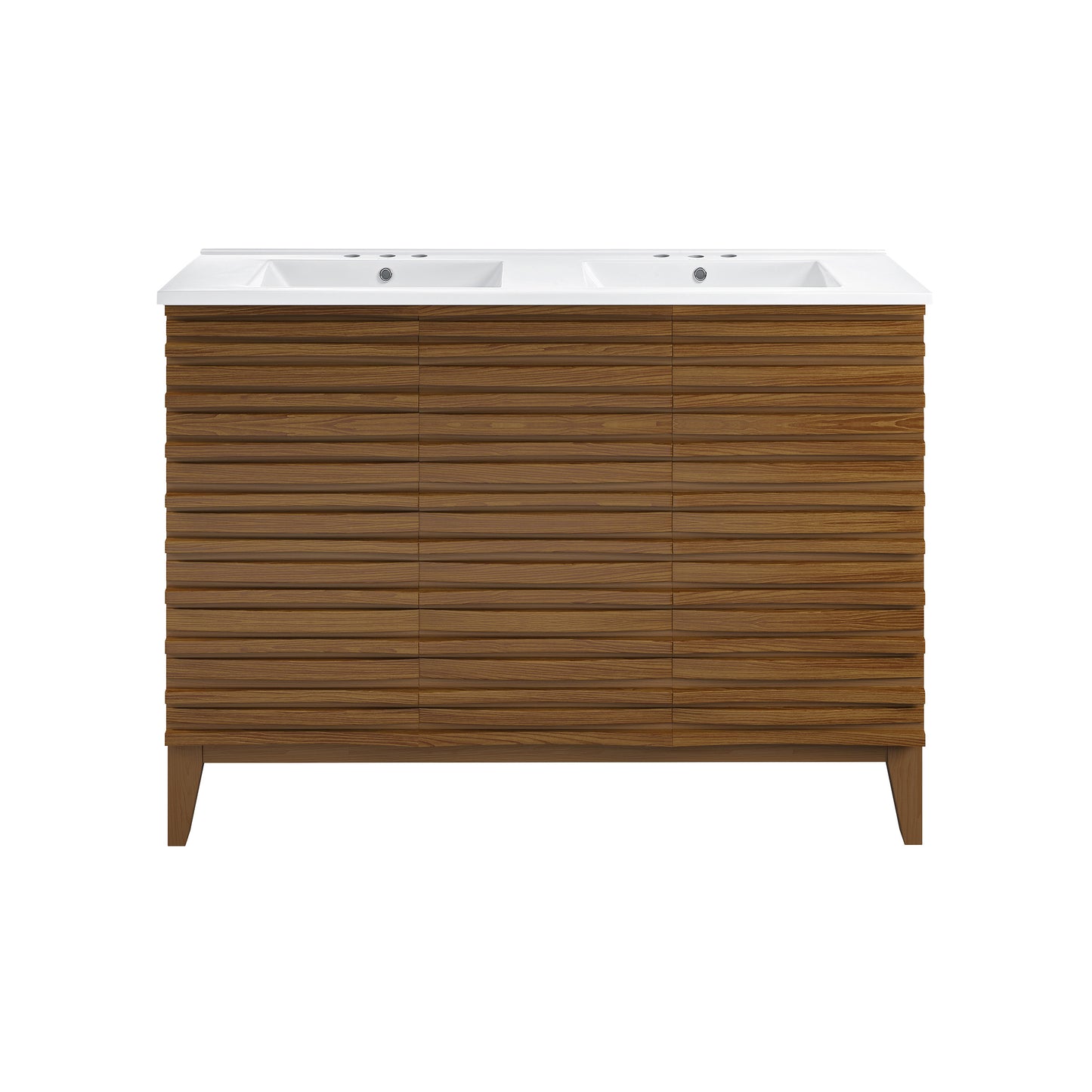 Swiss Madison, Cascade 48 in. Brown Oak, Double Basin Bathroom Vanity With White, 3-Hole Ceramic Sink Top