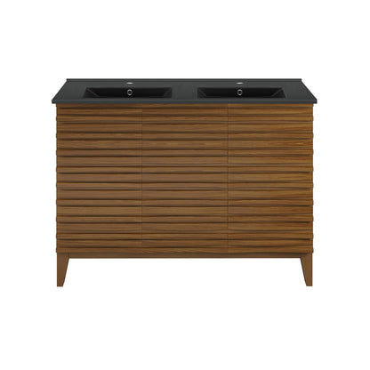 Swiss Madison, Cascade 48 in. Brown Oak, Double Basin Bathroom Vanity With Black Ceramic Sink Top