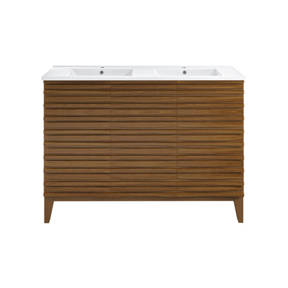 Swiss Madison, Cascade 48 in. Brown Oak, Double Basin Bathroom Vanity With White Ceramic Sink Top