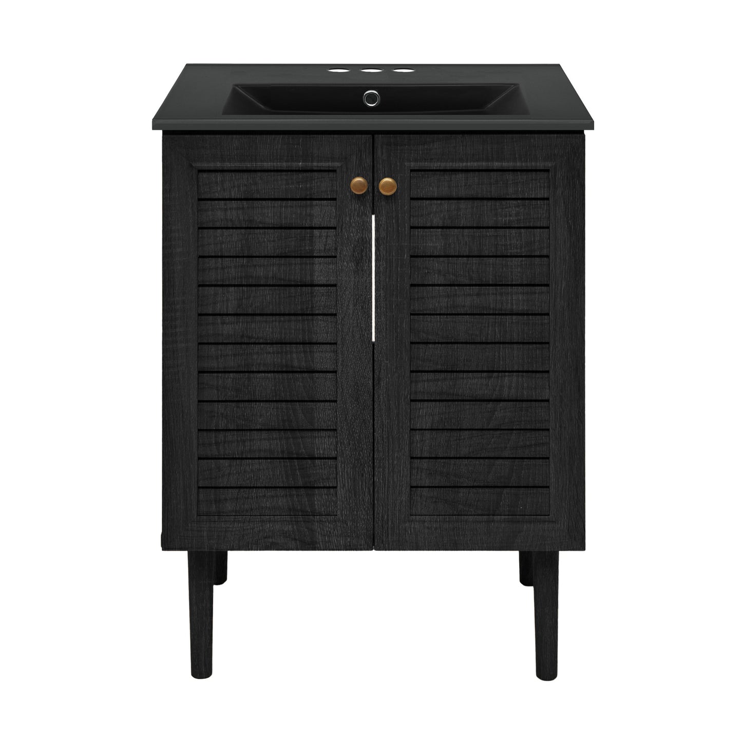 Swiss Madison, Bron 24" Freestanding Bathroom Vanity in Black Oak with Black 3-Hole Centerset Sink Top