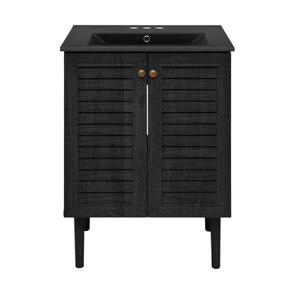 Swiss Madison, Bron 24" Freestanding Bathroom Vanity in Black Oak with Black 3-Hole Centerset Sink Top