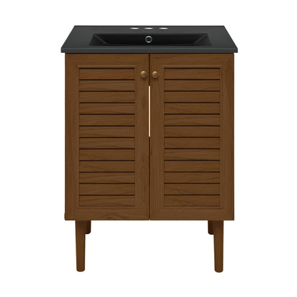 Swiss Madison, Bron 24" Freestanding Bathroom Vanity in Brown Oak with Black 3-Hole Centerset Sink Top