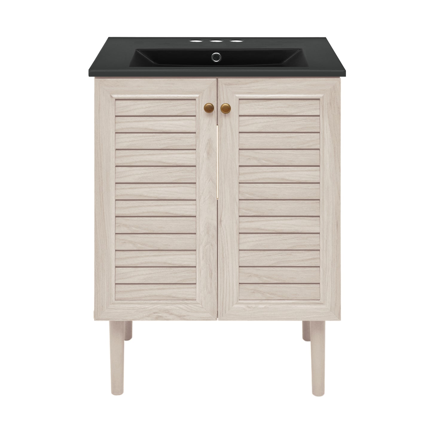 Swiss Madison, Bron 24" Freestanding Bathroom Vanity in White Oak with Black 3-Hole Centerset Sink Top