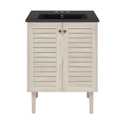 Swiss Madison, Bron 24" Freestanding Bathroom Vanity in White Oak with Black 3-Hole Centerset Sink Top