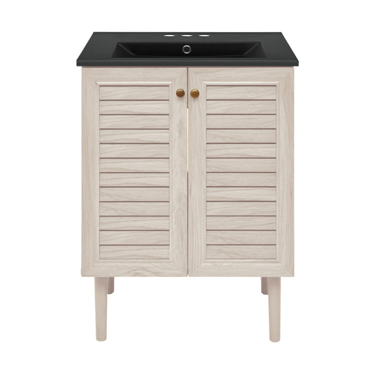 Swiss Madison, Bron 24" Freestanding Bathroom Vanity in White Oak with Black 3-Hole Centerset Sink Top