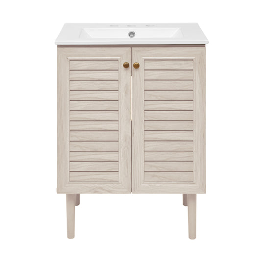 Swiss Madison, Bron 24" Freestanding Bathroom Vanity in White Oak with 3-Hole Widespread Sink Top
