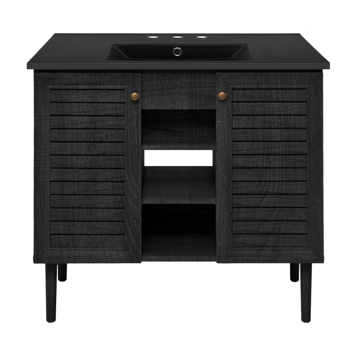 Swiss Madison, Bron 36" Freestanding Bathroom Vanity in Black Oak with Black 3-Hole Widespread Sink Top