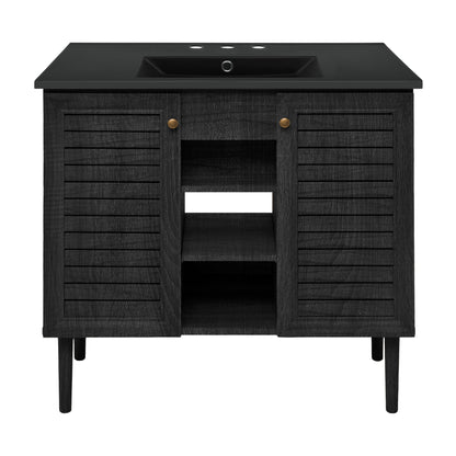Swiss Madison, Bron 36" Freestanding Bathroom Vanity in Black Oak with Black 3-Hole Widespread Sink Top