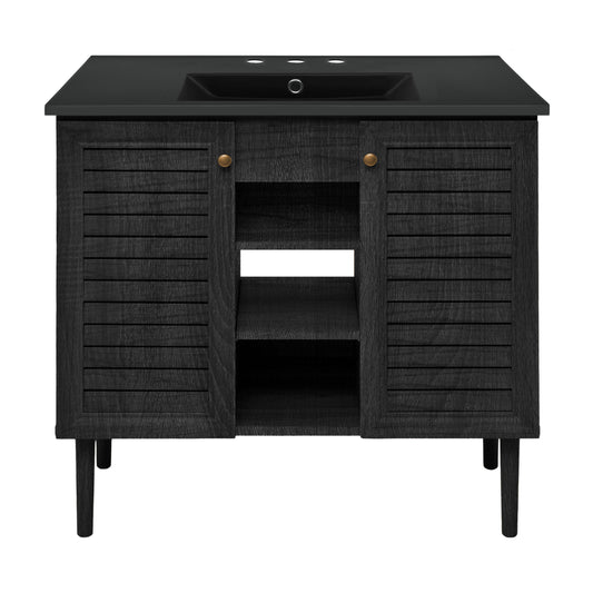 Swiss Madison, Bron 36" Freestanding Bathroom Vanity in Black Oak with Black 3-Hole Widespread Sink Top