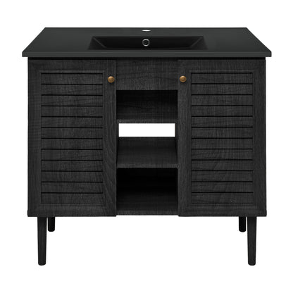 Swiss Madison, Bron 36" Freestanding Bathroom Vanity in Black Oak with Black Sink Top