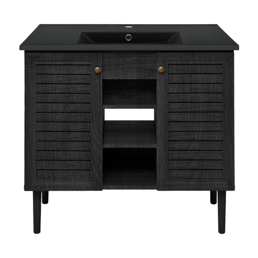Swiss Madison, Bron 36" Freestanding Bathroom Vanity in Black Oak with Black Sink Top