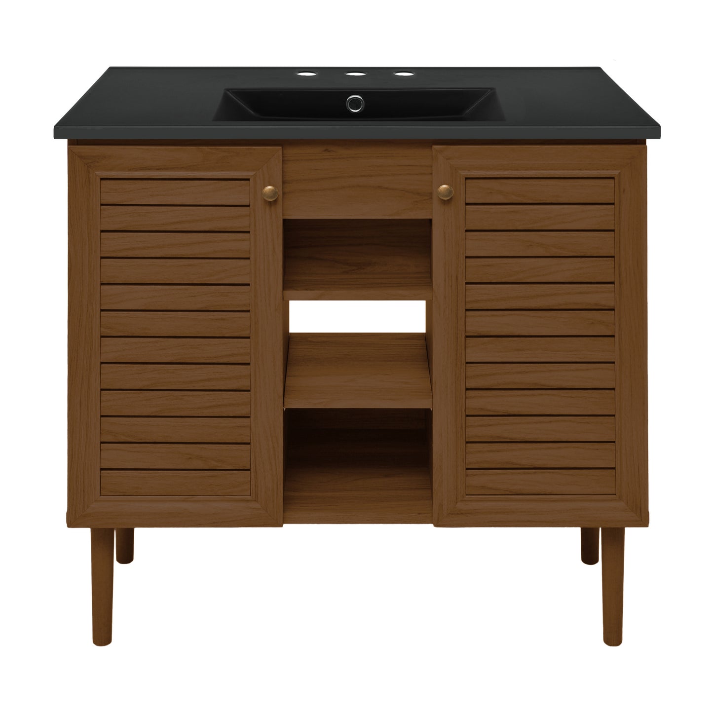 Swiss Madison, Bron 36" Freestanding Bathroom Vanity in Brown Oak with Black 3-Hole Widespread Sink Top