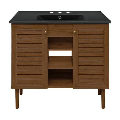 Swiss Madison, Bron 36" Freestanding Bathroom Vanity in Brown Oak with Black 3-Hole Widespread Sink Top