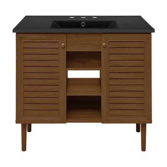 Swiss Madison, Bron 36" Freestanding Bathroom Vanity in Brown Oak with Black 3-Hole Widespread Sink Top