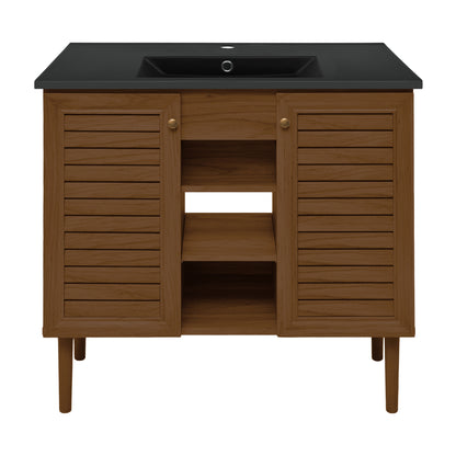 Swiss Madison, Bron 36" Freestanding Bathroom Vanity in Brown Oak with Black Sink Top