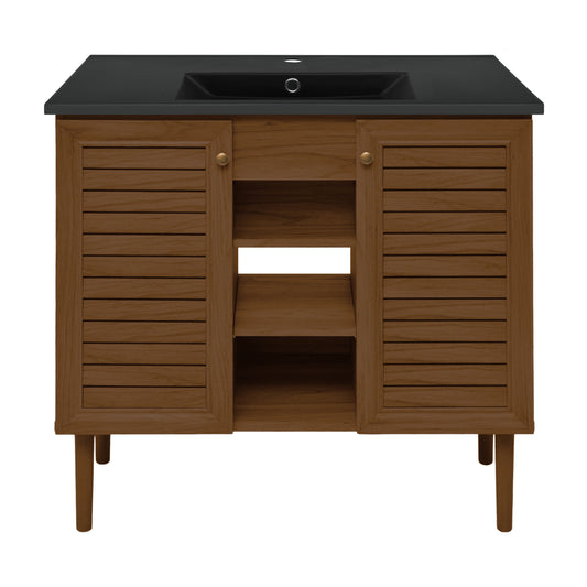 Swiss Madison, Bron 36" Freestanding Bathroom Vanity in Brown Oak with Black Sink Top