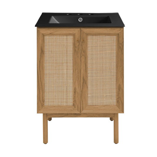 Swiss Madison, Classe 24" Freestanding Bathroom Vanity in Golden Oak with Black 3-Hole Centerset Sink Top