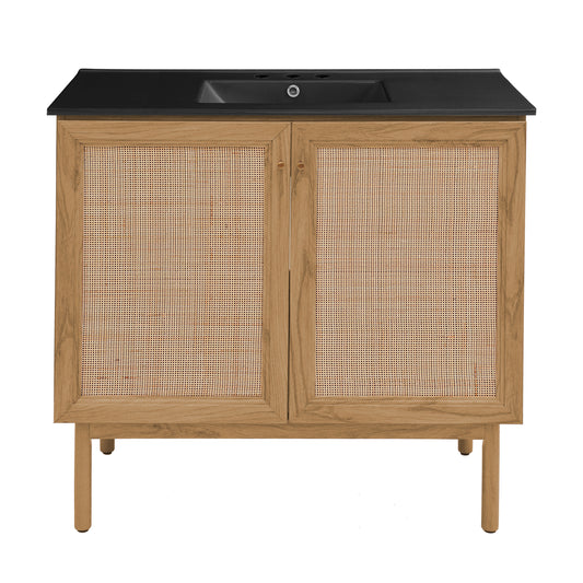 Swiss Madison, Classe 36" Freestanding Bathroom Vanity in Golden Oak with Black 3-Hole Widespread Sink Top