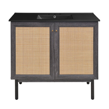 Swiss Madison, Classe 36" Freestanding Bathroom Vanity in Black Oak with Black 3-Hole Widespread Sink Top