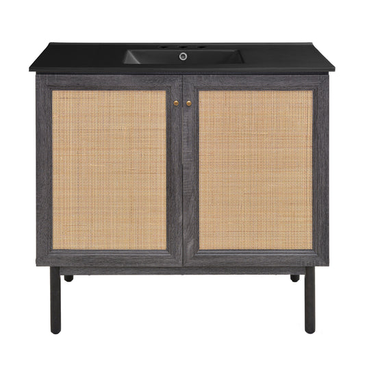 Swiss Madison, Classe 36" Freestanding Bathroom Vanity in Black Oak with Black 3-Hole Widespread Sink Top