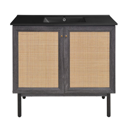 Swiss Madison, Classe 36" Freestanding Bathroom Vanity in Black Oak with Black Sink Top