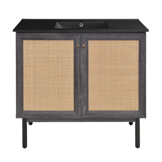 Swiss Madison, Classe 36" Freestanding Bathroom Vanity in Black Oak with Black Sink Top