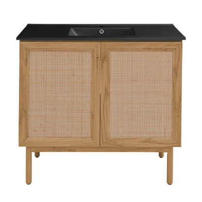 Swiss Madison, Classe 36" Freestanding Bathroom Vanity in Golden Oak with Black Sink Top