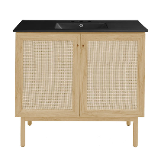 Swiss Madison, Classe 36" Freestanding Bathroom Vanity in Natural Oak with Black 3-Hole Widespread Sink Top