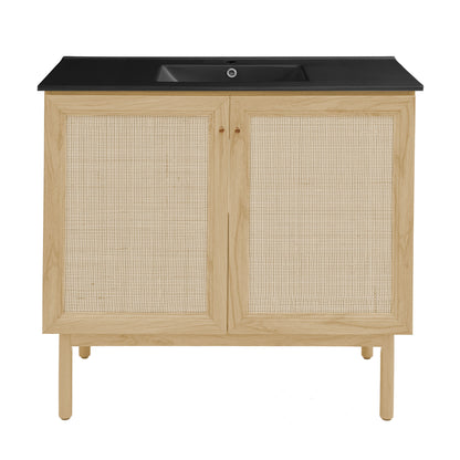 Swiss Madison, Classe 36" Freestanding Bathroom Vanity in Natural Oak with Black Sink Top
