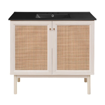 Swiss Madison, Classe 36" Freestanding Bathroom Vanity in White Oak with Black 3-Hole Widespread Sink Top
