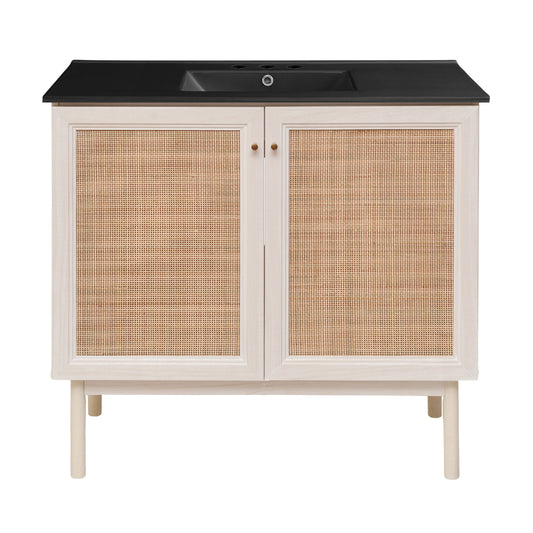 Swiss Madison, Classe 36" Freestanding Bathroom Vanity in White Oak with Black 3-Hole Widespread Sink Top