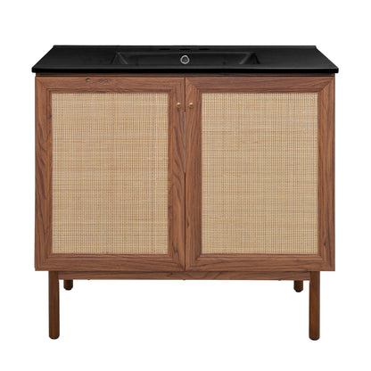 Swiss Madison, Classe 36" Freestanding Bathroom Vanity in Brown Oak with Black 3-Hole Widespread Sink Top