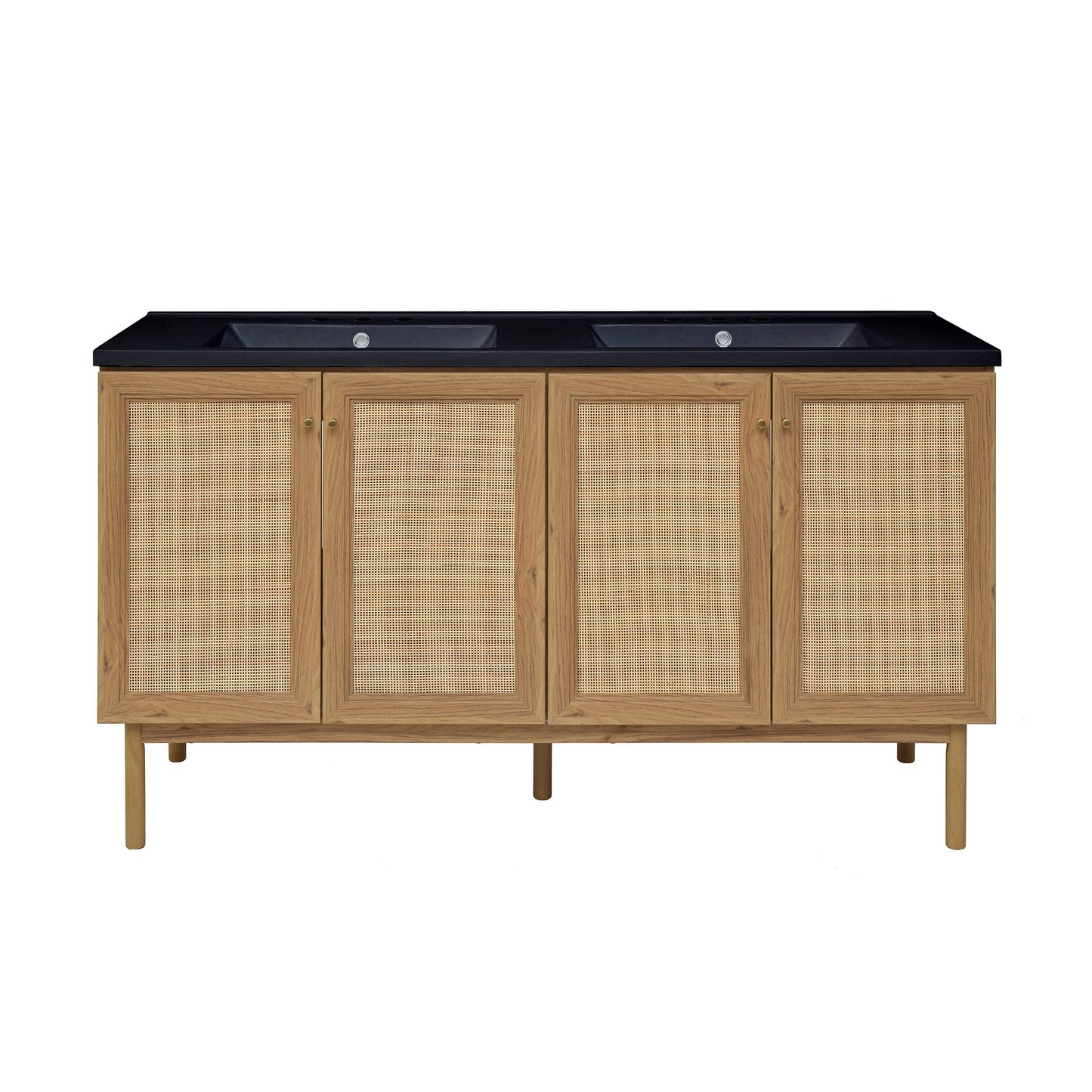 Swiss Madison, Classe 60" Freestanding Bathroom Vanity in Golden Oak with Black 3-Hole Widespread Double Basin Sink Top